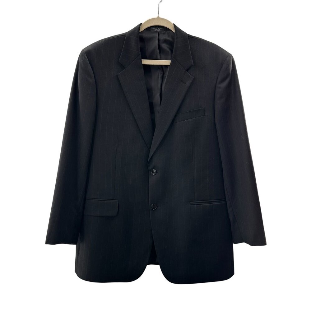 Tailors Row Mens Pinstripe Black Wool Suit Jacket Blazer‎ 46R Single Breasted